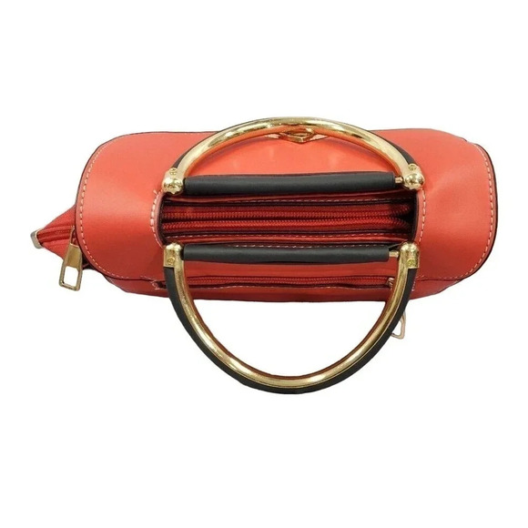 Red and Black Two-Tone Cross Body Purse With Golden Accents, Adjustable Strap - Picture 8 of 10